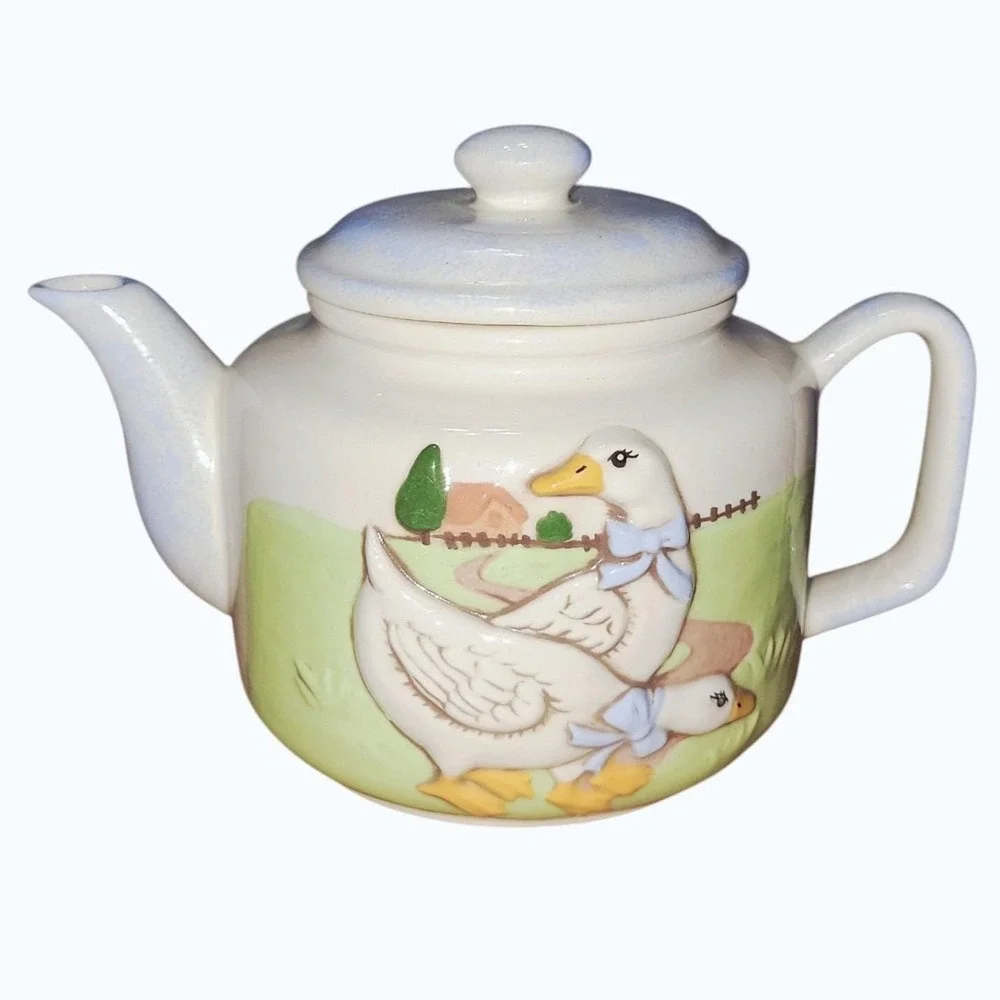 Vintage 1980s Otagiri Style Goose Teapot Ceramic Raised Geese Blue Bows